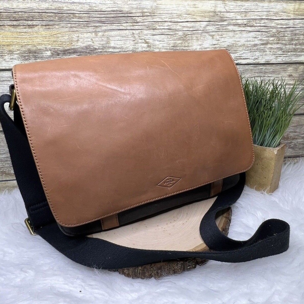Fossil Long Live Vintage 1954 Black Canvas Brown Leather Bag Purse Crossbody